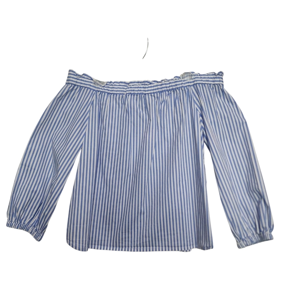 J. Crew Blue & White Stripe Cotton Off-The-Shoulder Ruffle Blouse Size Medium